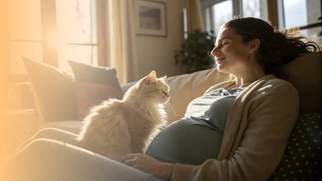 a calm, fluffy cat gently rubbing its head against the lower leg of a visibly pregnant woman sitting relaxed on a sofa in a cozy, sunlit living room