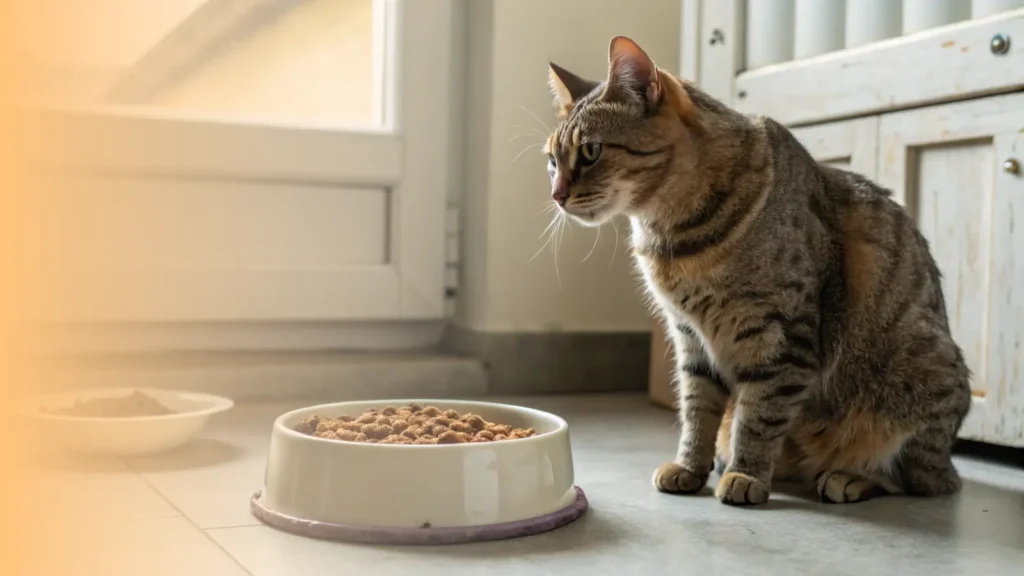 medium shot of a domestic shorthair cat sitting on a simple kitchen floor