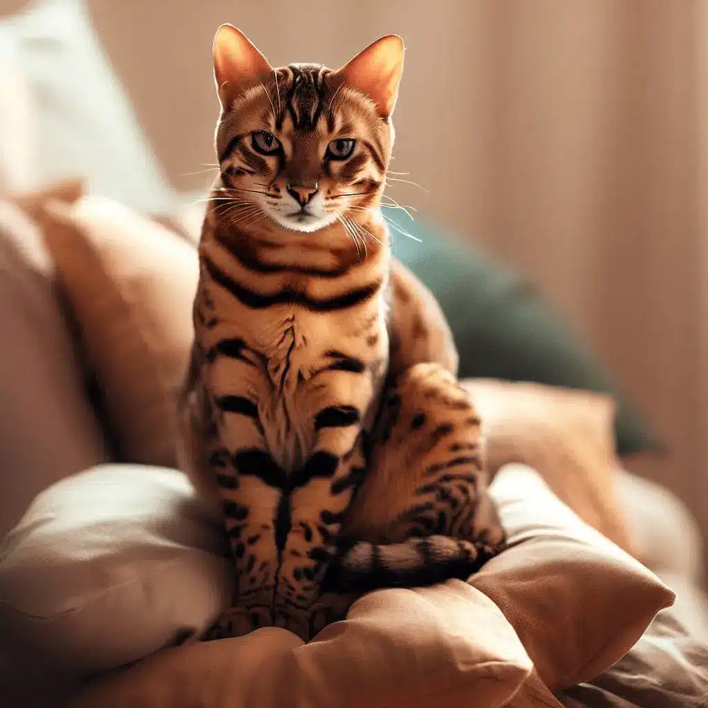 bengal mix cat with full body sitting on a pile of pillows, looking cozy