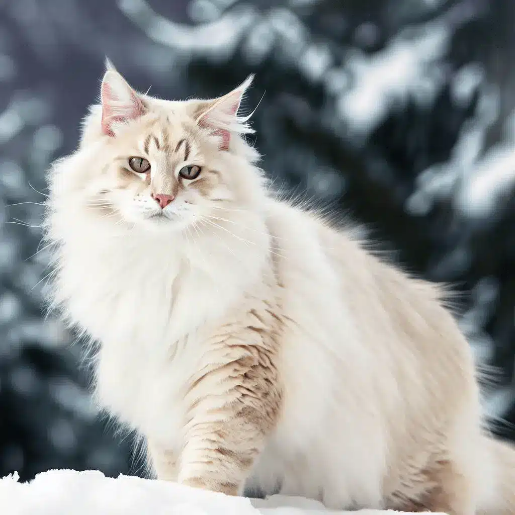 Norwegian Forest Cat, cream colored coat, full body, snowy background with pine trees