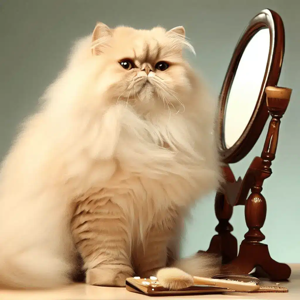Persian cat, cream colored coat, full body, cream-colored vanity with a mirror and brush