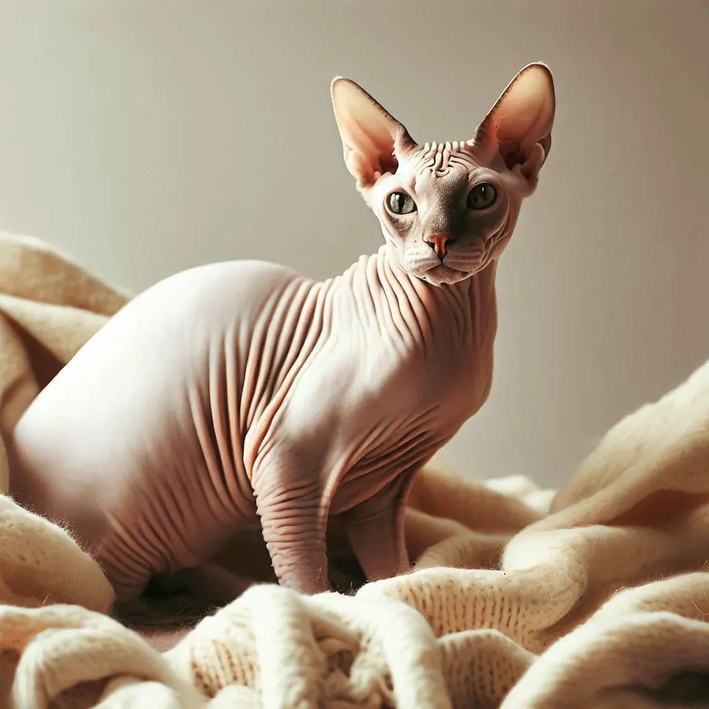 Sphynx cat, cream colored coat, full body, warm and cozy knit blanket