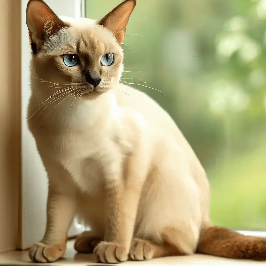Tonkinese cat, cream colored coat, full body, cream-colored window sill with a view of a natural setting