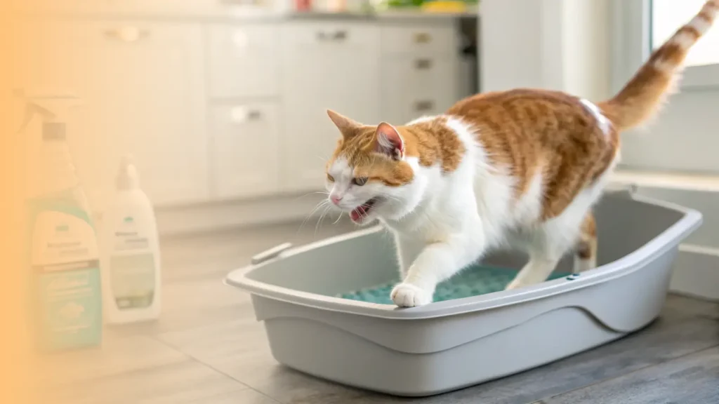 a cat happily stepping into a clean, inviting litter box