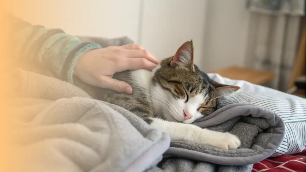 a cat is resting quietly on a soft blanket, looking peaceful but clearly unwel