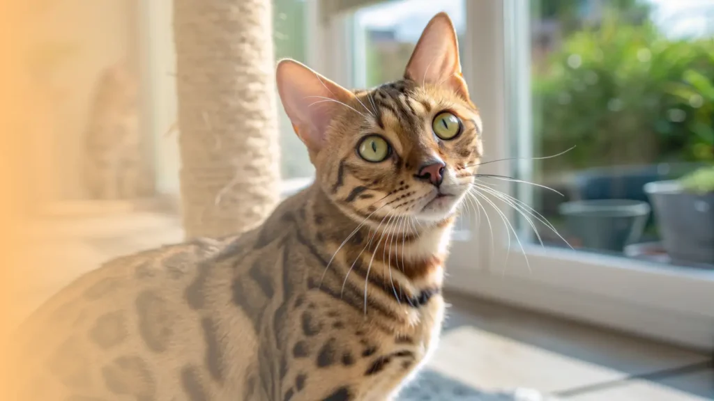 a curious bengal like cat with slightly muddled spots