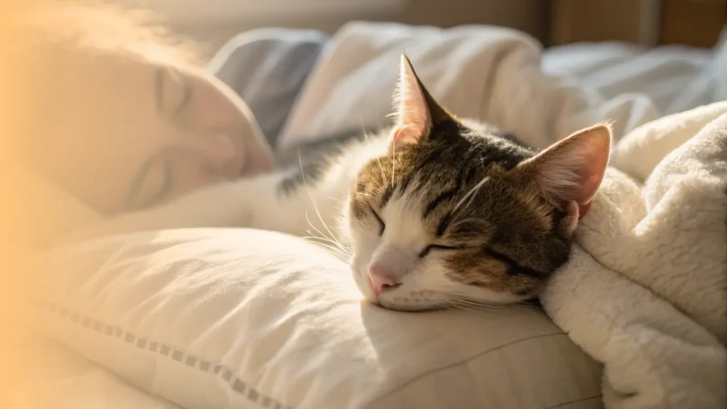 a cute domestic cat sleeping peacefully on a soft, fluffy pillow