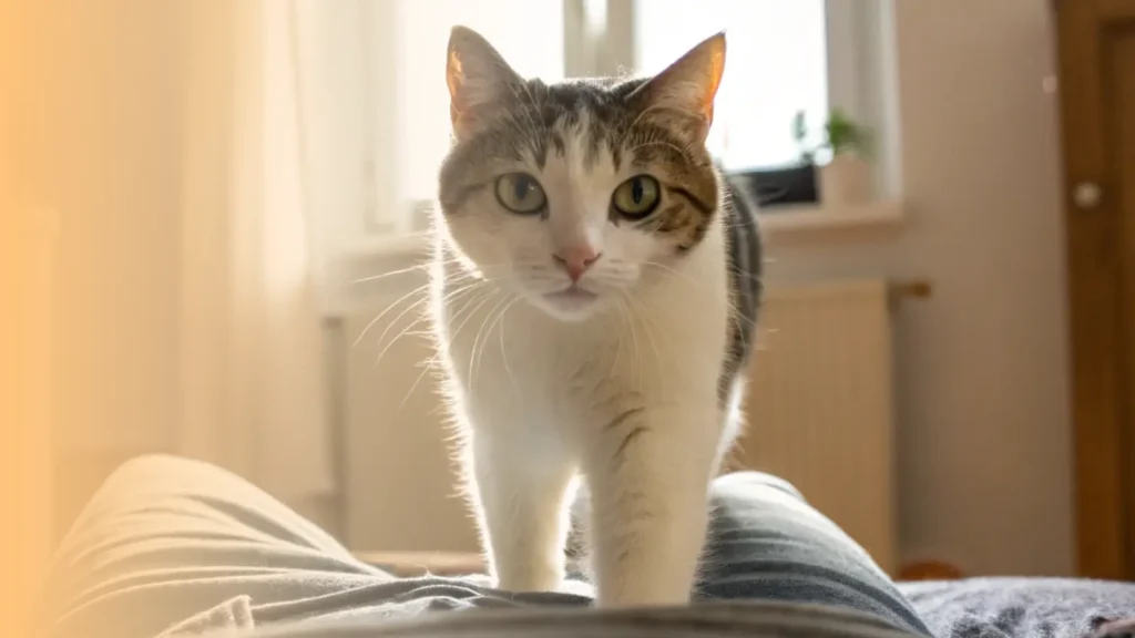 a domestic cat is walking purposefully towards the camera