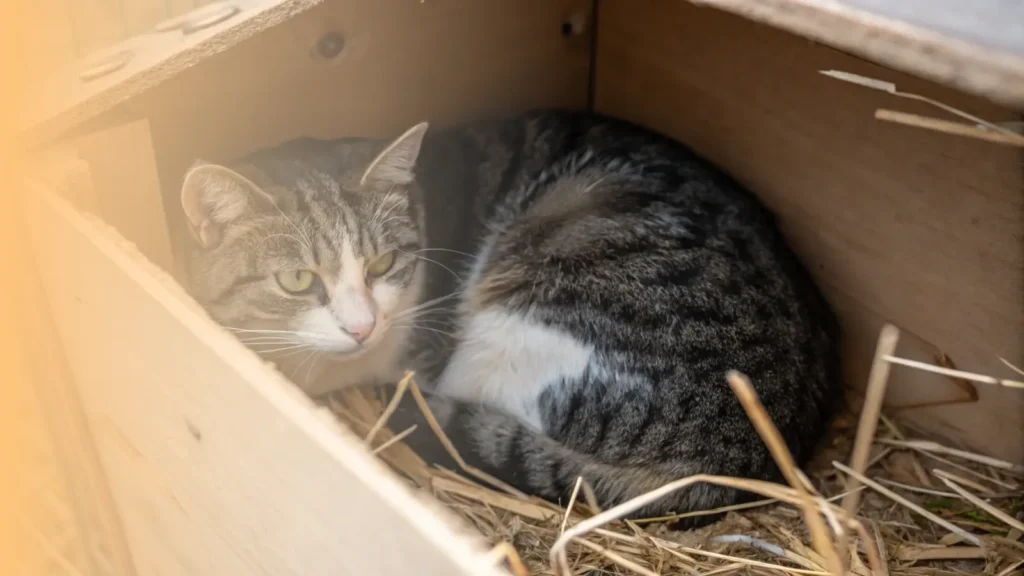 a pregnant cat is curled up in a nesting box
