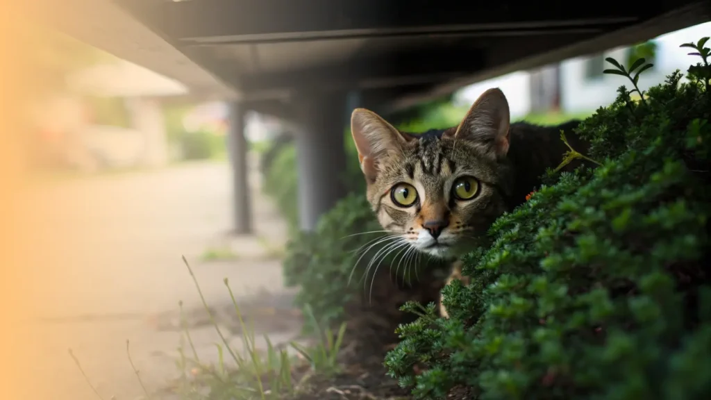 a scared tabby cat peeking out cautiously from under a dark porch or dense green bushes