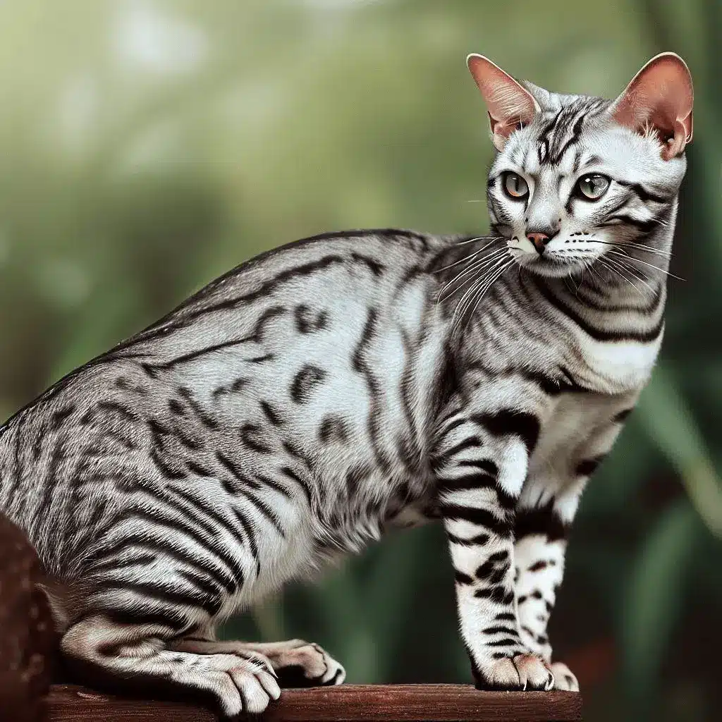 grey bengal cat with full body sitting on a wooden perch with a natural background