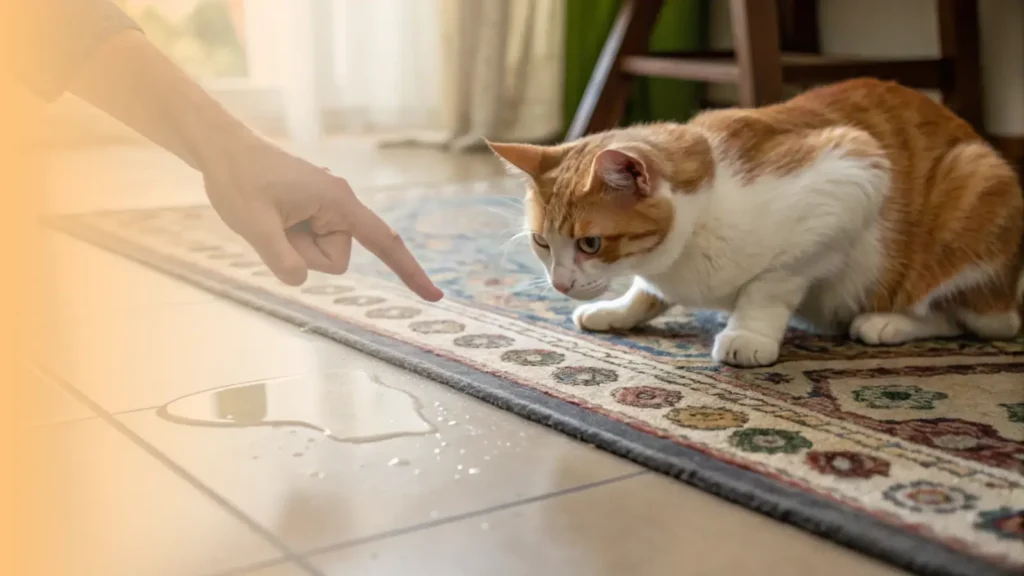 a cat is cowering on the floor next to a small puddle on a rug