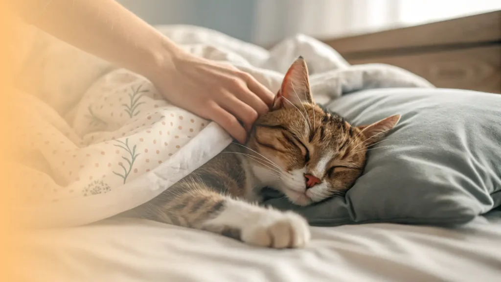 a cat is sleeping or resting very deeply in a comfortable bed