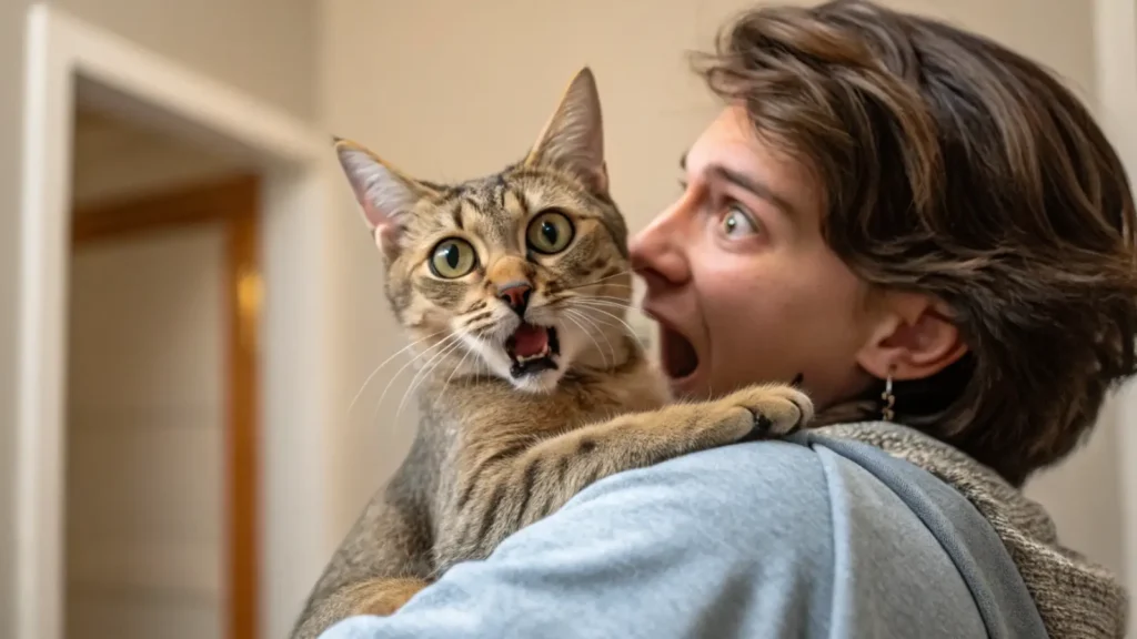 a person is holding a cat that looks scared and tense