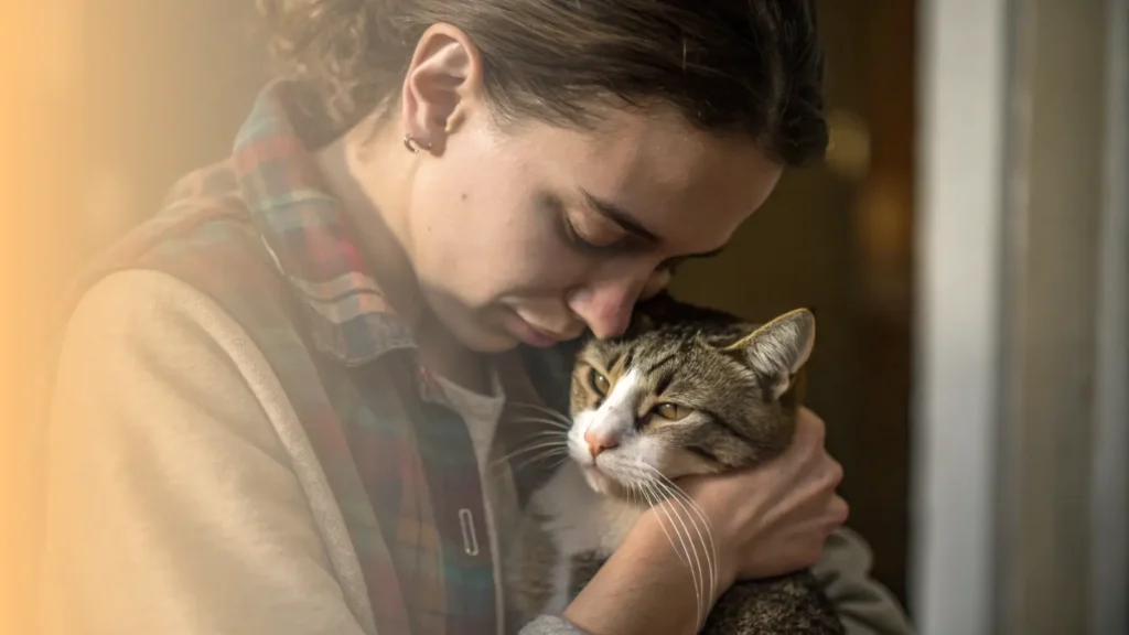a quiet and poignant scene of a person holding their cat tenderly