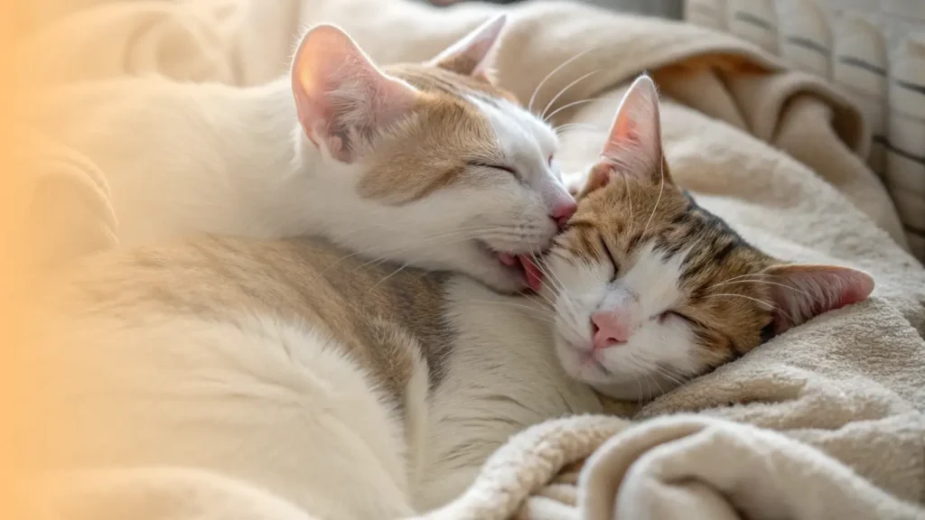 two friendly domestic cats are curled up together on a soft blanket