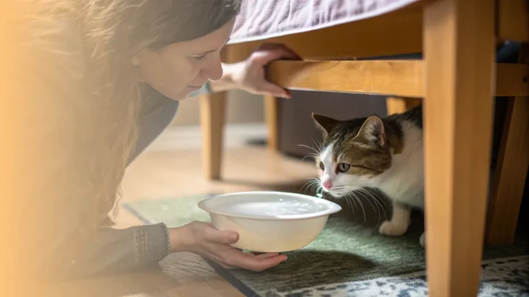 a person is gently offering a bowl of water to a sick looking cat that is hiding under a table