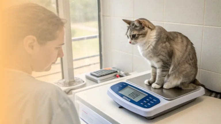 a person is looking with concern at their cat sitting on a digital scale for pets