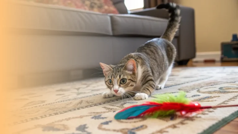 a playful cat is in a low stalking crouch on a living room rug