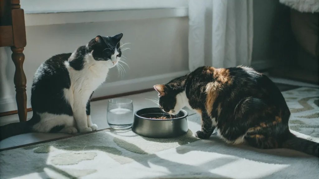 a black and white cat and a tortoiseshell cat peac