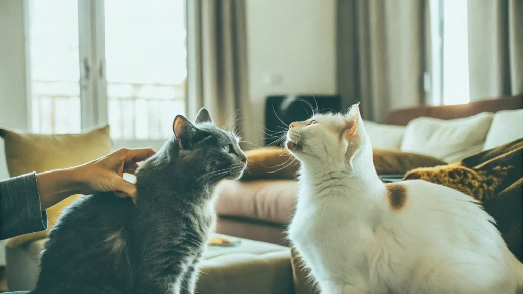 a gray cat and a white cat cautiously sniffing eac