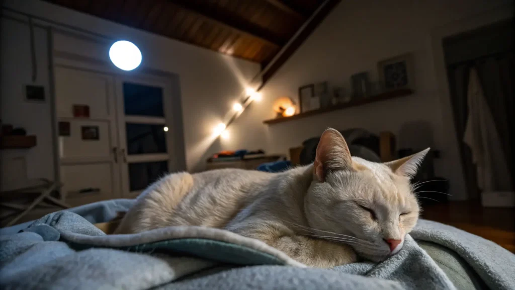 a calm, neutered cat resting peacefully inside at night