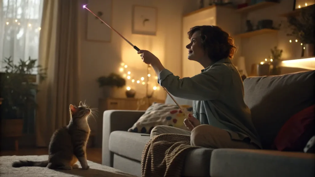 a person playing with a cat using a wand toy inside during the evening