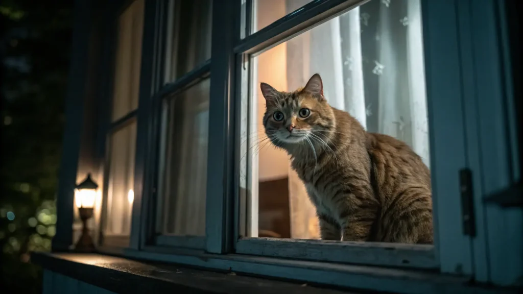 cat looking anxious or tense inside a dimly lit room at night.