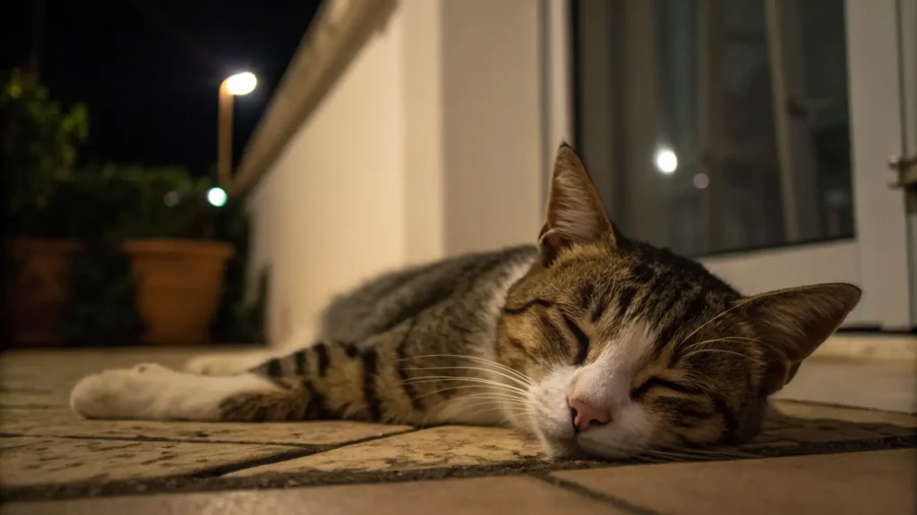 cat looking uncomfortable or lethargic while lying down at night.