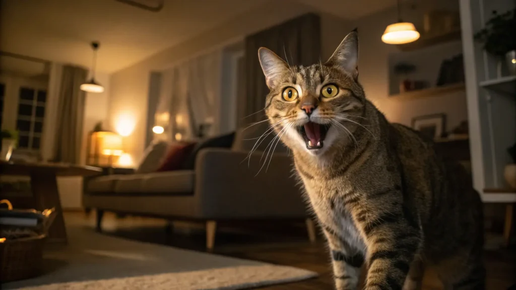 energetic cat looking alert and playful inside a house at night