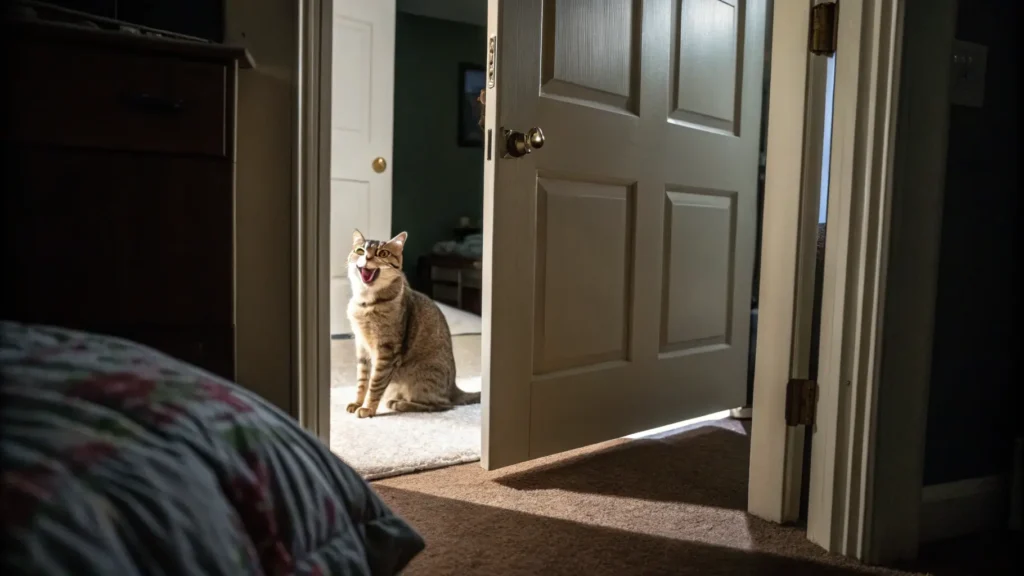looking through a slightly open bedroom door, showing a cat sitting outside meowing, while the inside is dark