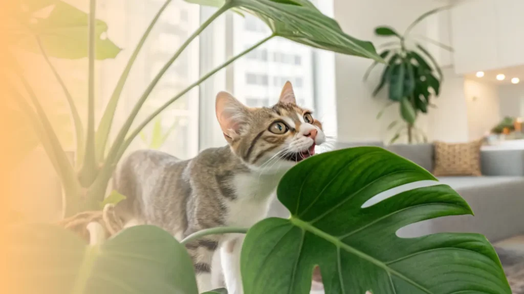 a mischievous cat caught in the act of chewing on the leaf of a large houseplant.