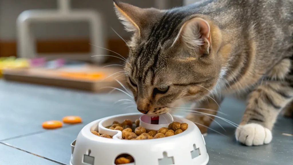 a cat is intently focused on a food puzzle toy