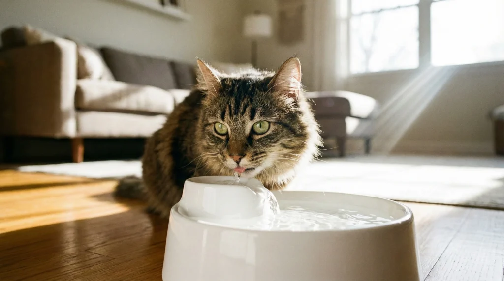 the cat is happily leaning down and drinking fresh, clear water from a modern, white ceramic pet water fountain that has gently flowing water