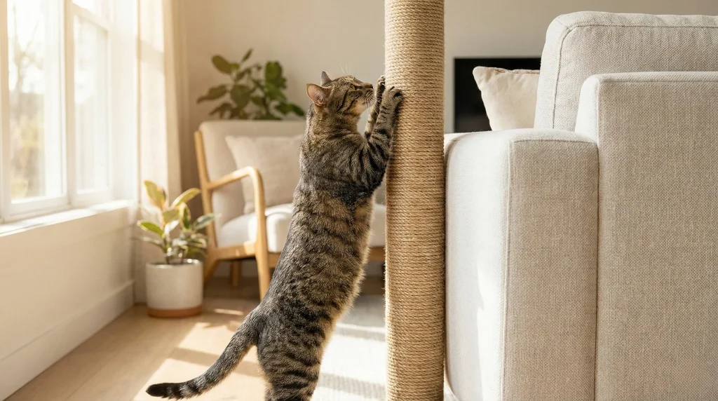 a healthy tabby cat stretched upwards to its full height, scratching a very tall, thick scratching post wrapped in sisal rope
