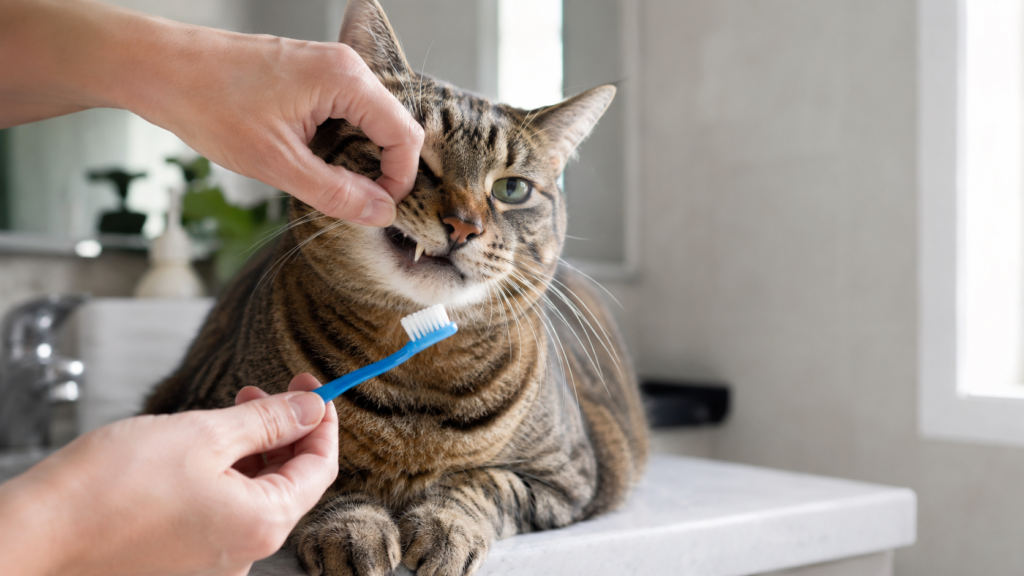 Tabby cat having its lip gently lifted while an owner holds a small toothbrush nearby
