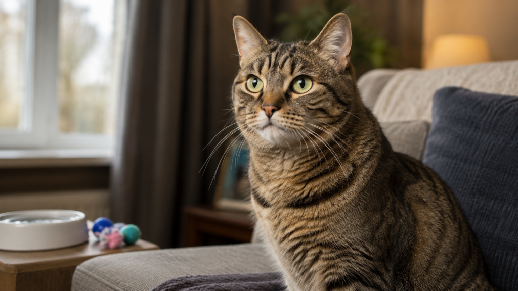 Tabby cat sitting alone on a sofa in a quiet home with water and toys nearby