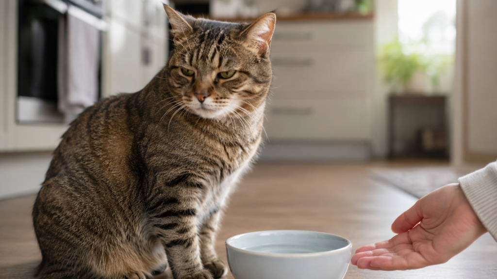 Tabby cat sitting beside a water bowl while an owner checks nearby