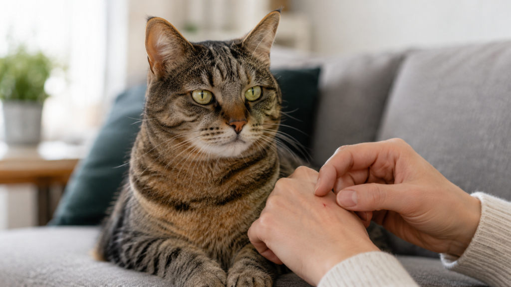 Large tabby cat near an owner gently checking a small non-graphic bite mark at home