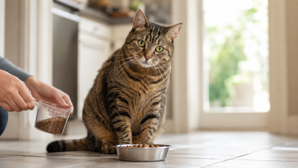 Tabby cat beside a measured bowl of food and owner hands holding a measuring cup