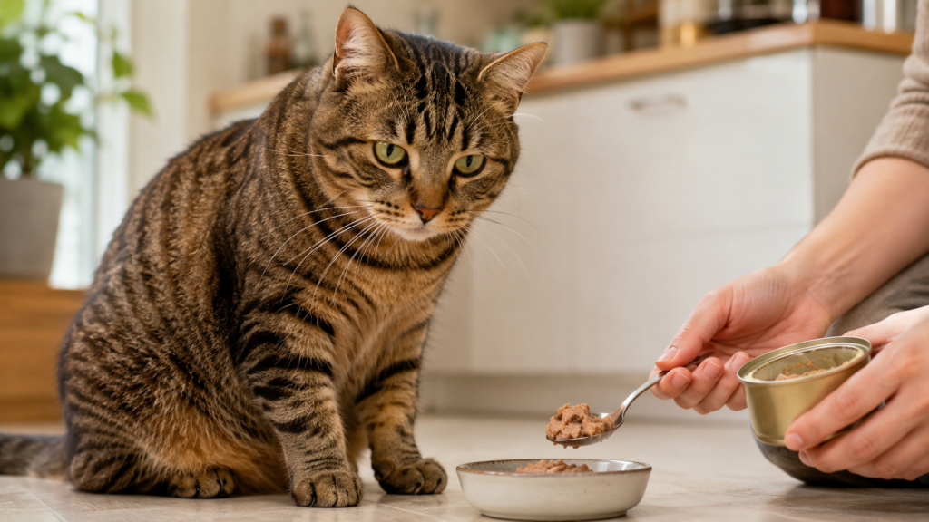 Tabby cat beside a measured bowl of canned cat food in a home kitchen.