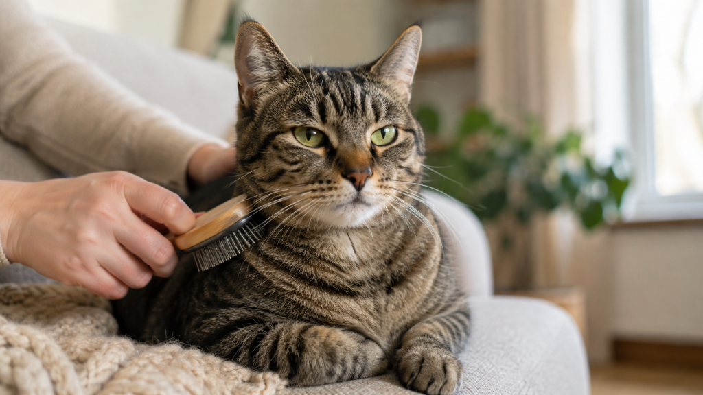 Calm tabby cat being gently brushed on a sofa in a warm home setting.
