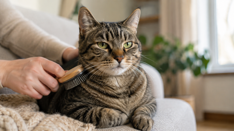 Calm tabby cat being gently brushed on a sofa in a warm home setting.