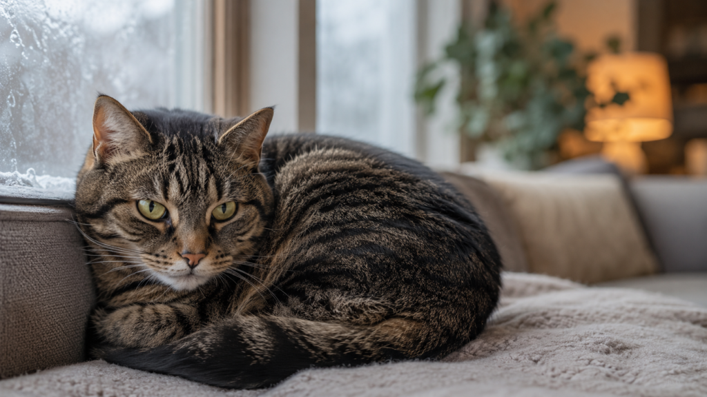 Tabby cat curled on a sofa beside a cold window in winter light