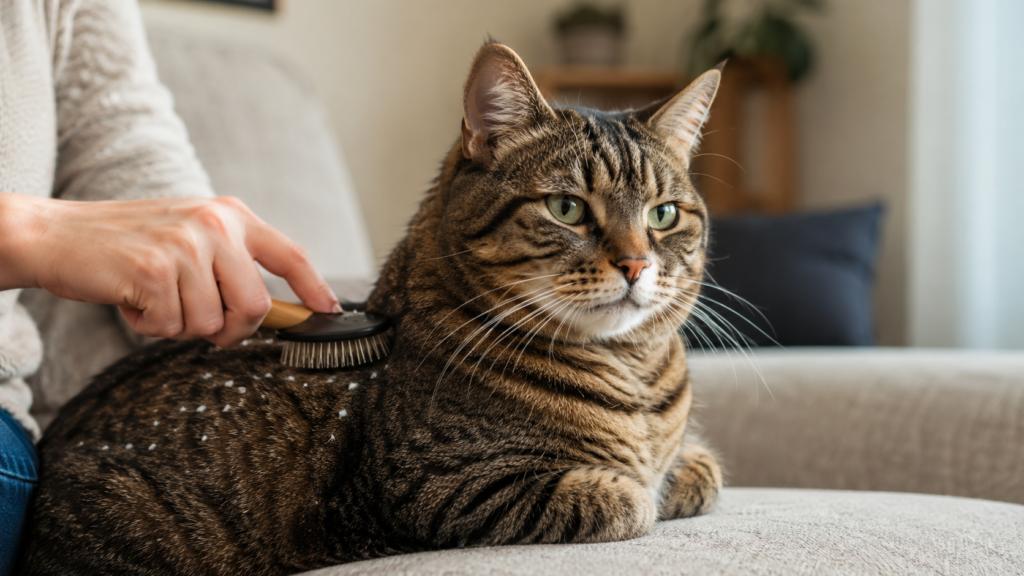 Tabby cat being gently brushed on a sofa to reduce loose dander