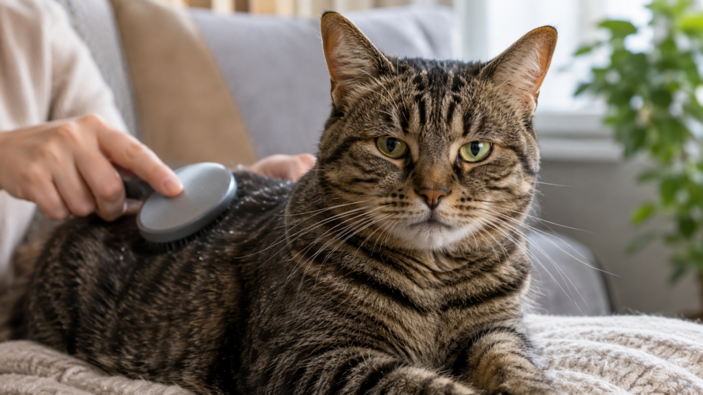Tabby cat being gently brushed on a sofa for mild dandruff care
