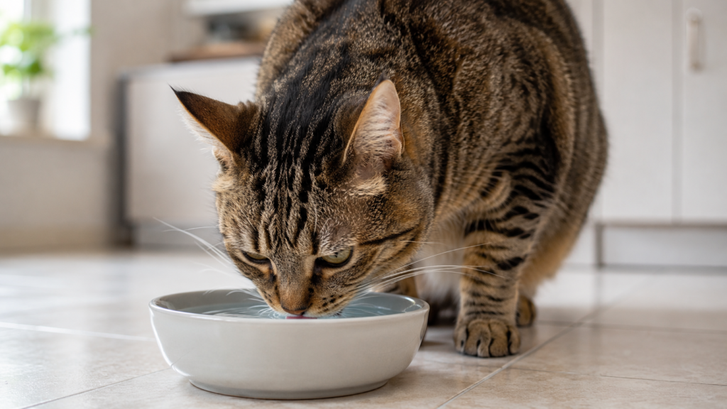 Tabby cat drinking from a clean water bowl on a kitchen floor