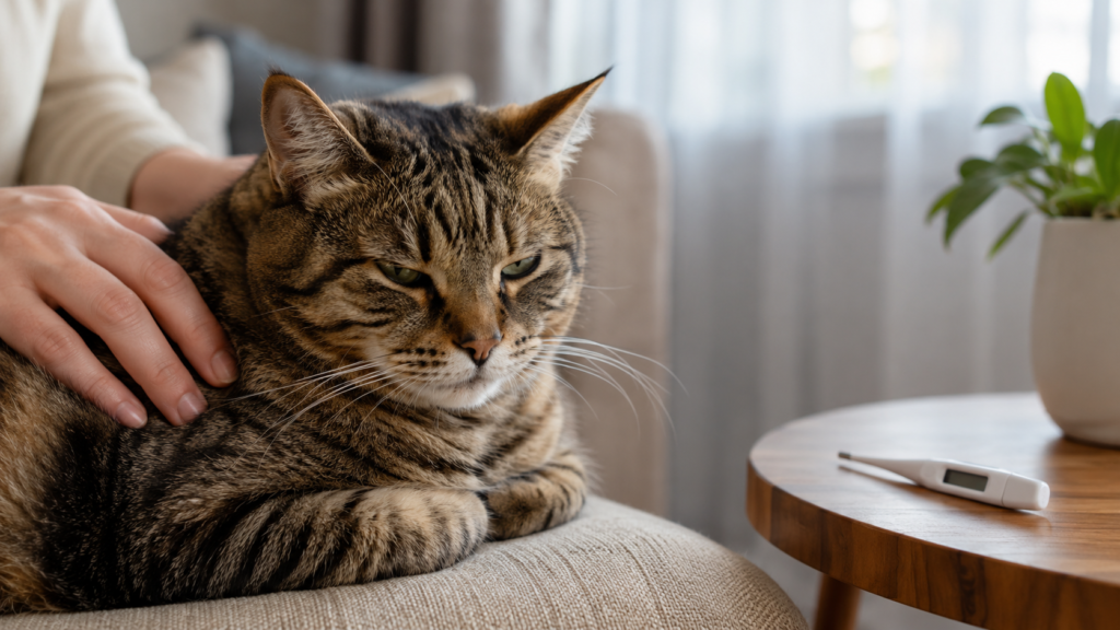 Calm tabby cat resting on a sofa near a digital thermometer while owner hands check on it