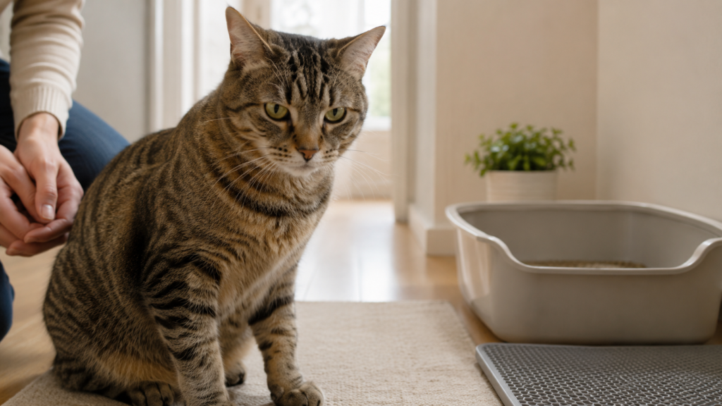 Young tabby cat sitting near a clean litter box while cropped owner hands observe nearby