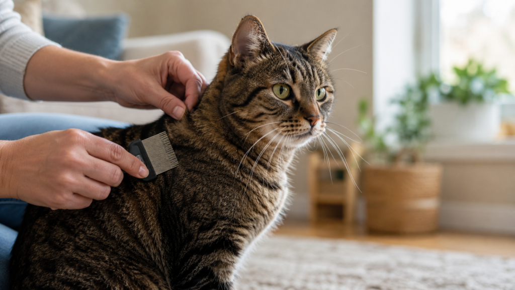 Tabby cat being gently checked for fleas with a comb in a cozy living room